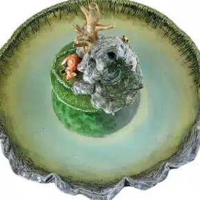 handmade ceramic fox brook fountain – woodland tree & bird sculpture, high fire art pottery indoor water feature