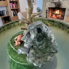 handmade ceramic fox brook fountain – woodland tree & bird sculpture, high fire art pottery indoor water feature