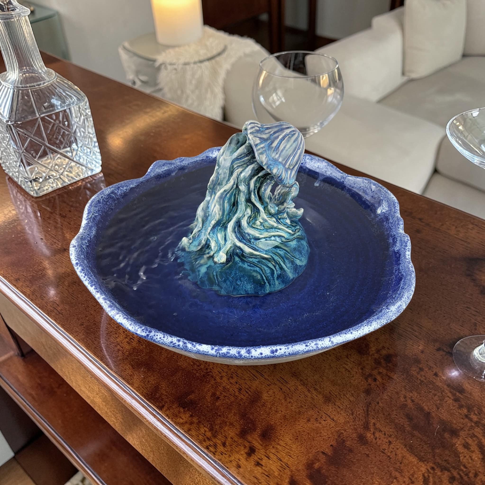 handmade high fired ceramic jellyfish indoor fountain – ocean blue artisan tabletop water feature