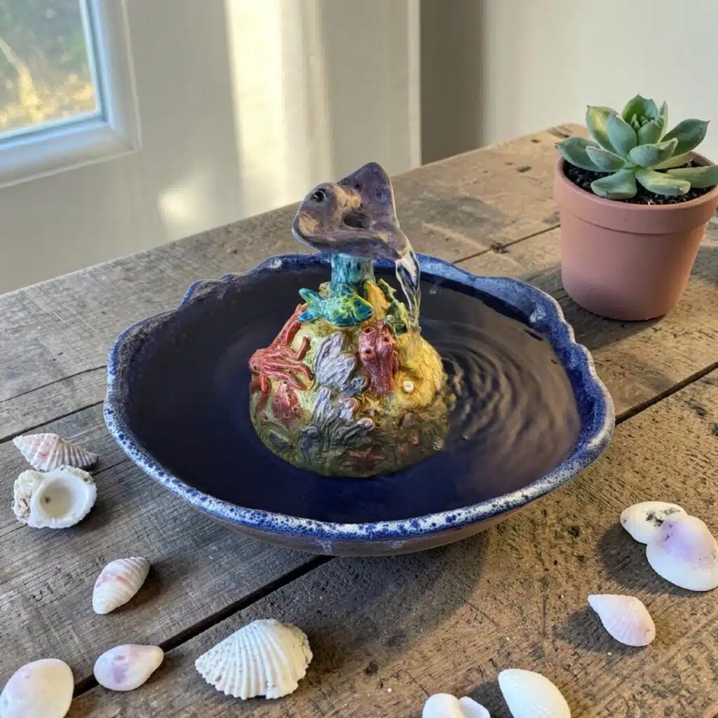 handmade high fired ceramic sculpture manta ray fountain
