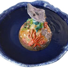 handmade high fired ceramic sculpture manta ray fountain