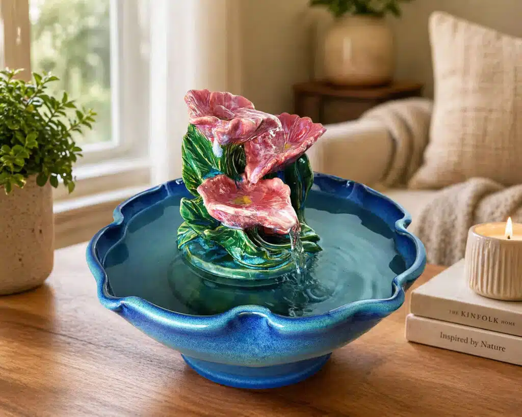 pink poppy cascade handmade ceramic sculpture fountain