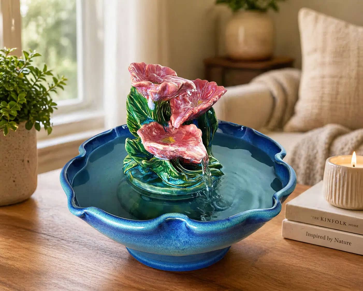 pink poppy cascade handmade ceramic sculpture fountain