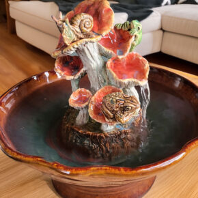 handmade ceramic sculpture cascading toadstool fountain