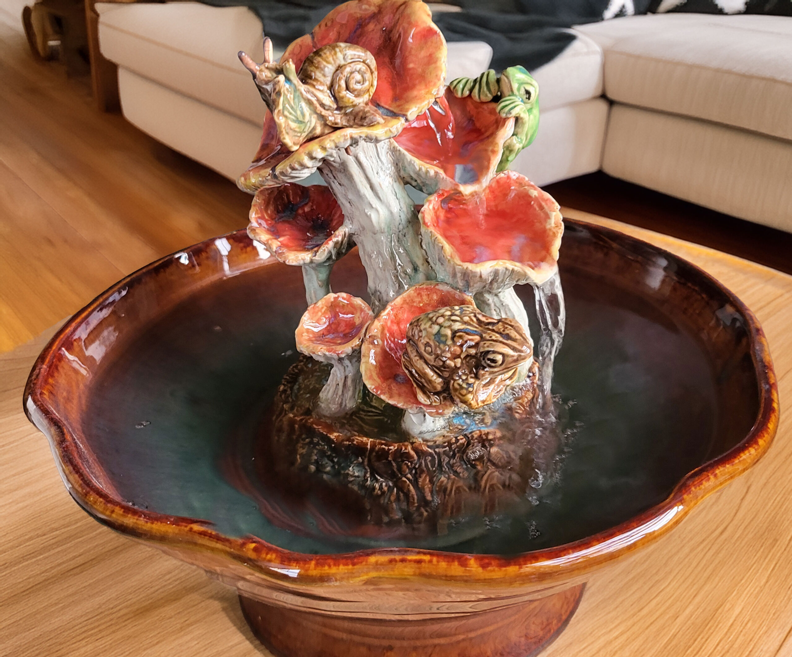 handmade ceramic sculpture cascading toadstool fountain